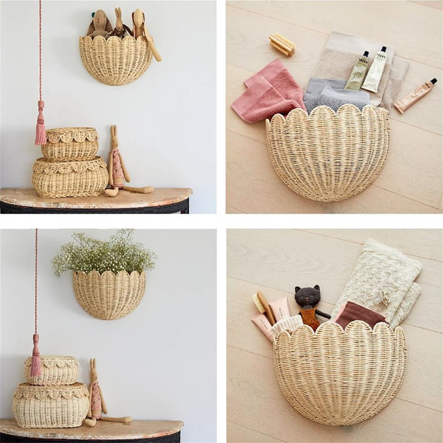 Scalloped Wall Basket - Scalloped Hanging Wicker Baskets for Wall, Hand Scalloped Wicker Wall Basket Home Decor for Entryway, Kitchen, Office, Living Room