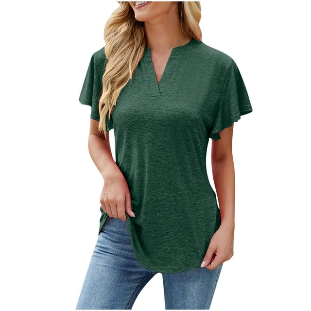 Womens Ruffle Short Sleeve Tunic Tops V Neck Blouses Loose Fit Solid Color Dressy Casual Work Shirts for Women