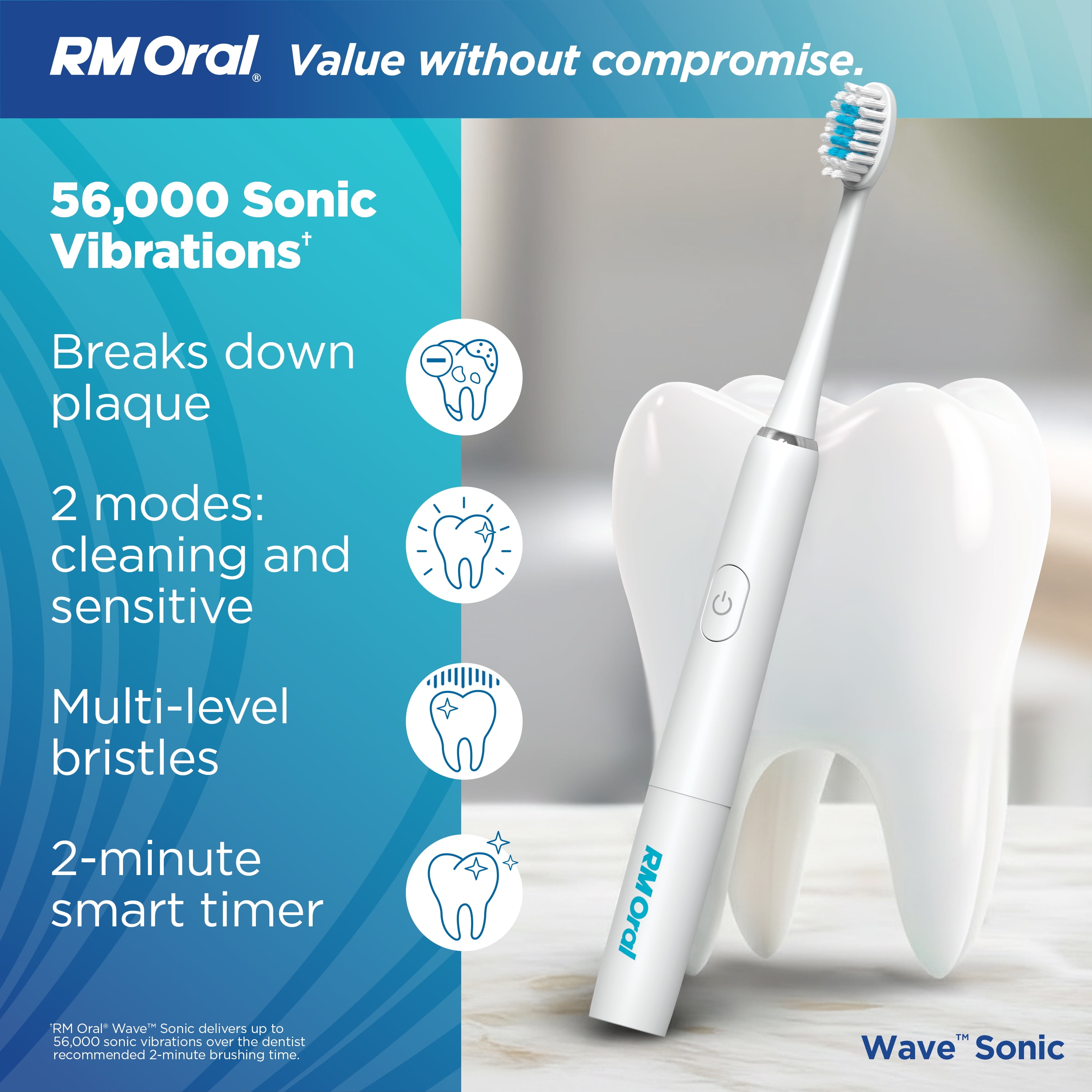RM ORAL Wave Sonic Battery Toothbrush, Soft Bristles, 56,000 Sonic Vibrations, Travel Case, White