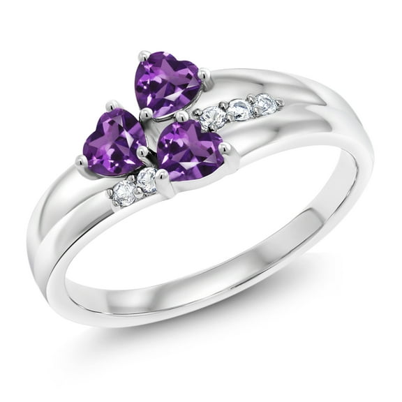 Gem Stone King 925 Sterling Silver Purple Amethyst and White Created Sapphire 3-Stone Ring for Women (0.83 Cttw, Heart Shape 4MM, Gemstone February Birthstone, Size 9)
