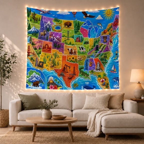 US Map with Icons and Ocean in Whimsical Illustration for Kids, Educational Geography Wall Art, Back to School Gift Tapestry Wall Hanging for Classroom and Playroom