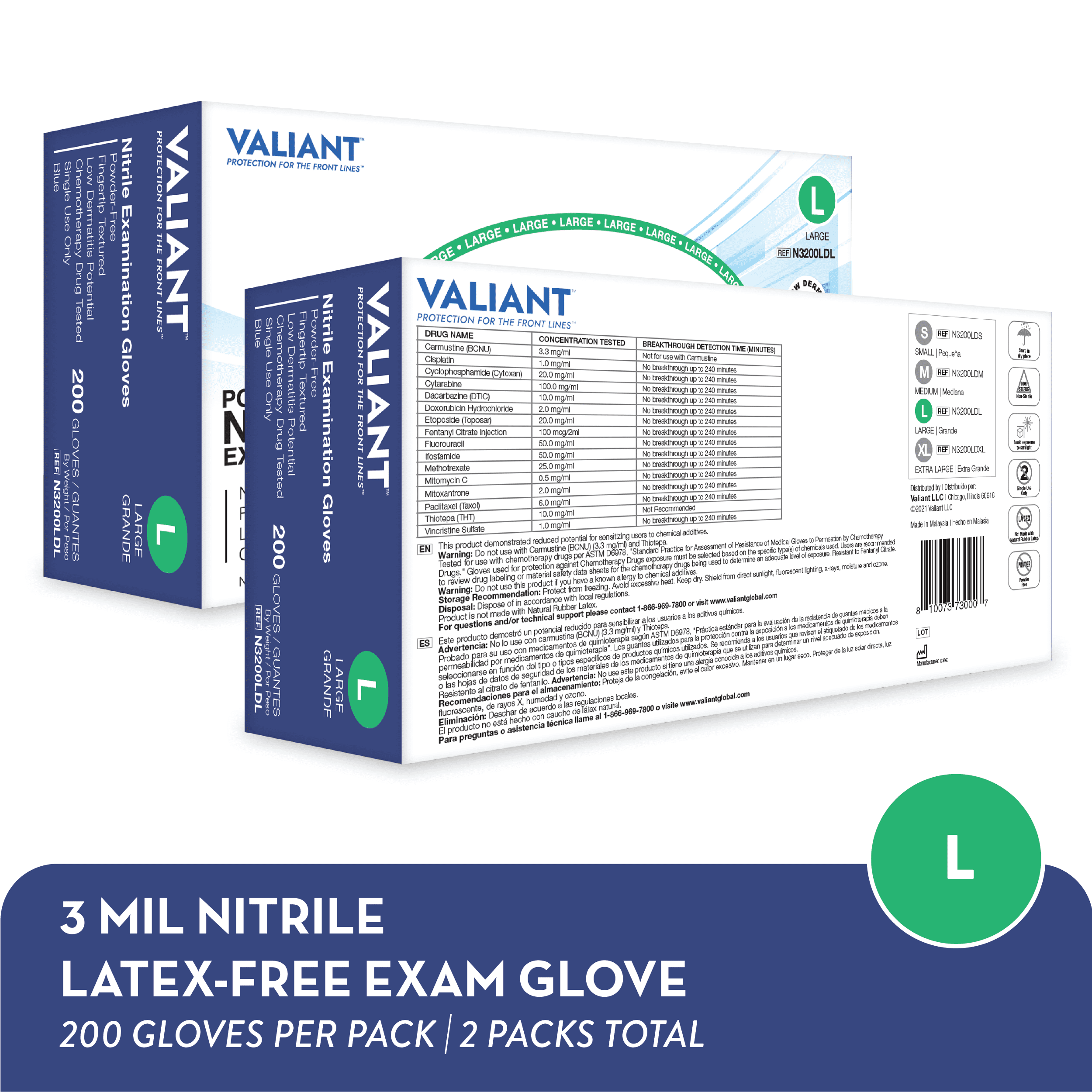 Valiant N3200LD Nitrile Exam Gloves, Single Use Only, Fingertip Textured and Accelerator Free, Berry Blue, Large, 200 Per Box, 2 Boxes