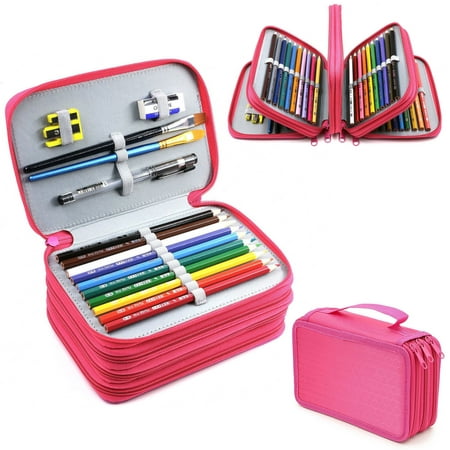 EEEkit Oxford Fabric Pencil/Pen Case Box, Artist Pouch, Cosmetic Makeup Brush Bag with 4 Layers 72 Slots Design, Hot Pink or