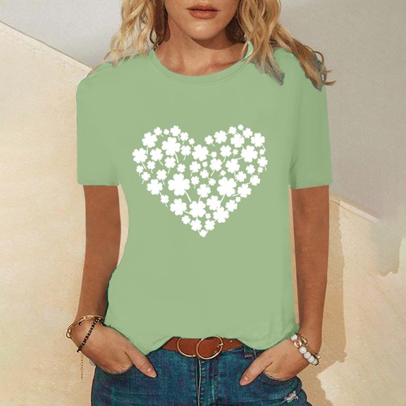 DailyTrove Women's Green Heart-Shaped Clover T-Shirt - Short Sleeve Casual Tee, Festive for St. Patrick's Day & Daily