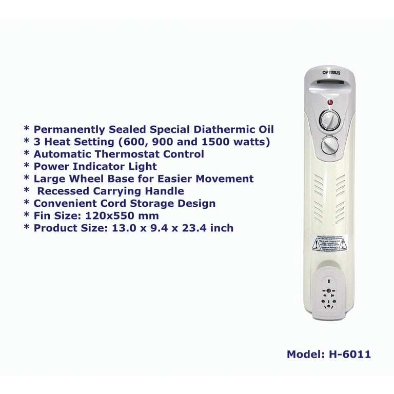 Optimus H-6011 3-Setting 1,500-Max 7-Fin Portable Oil-Filled Radiator Heater  with Thermostat and Wheels - Walmart.com