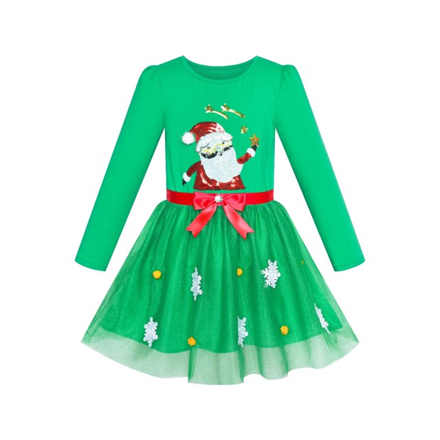 Robe Fille Noël Père Noël Neige Manches Longues Robe de Vacances 7 Ans