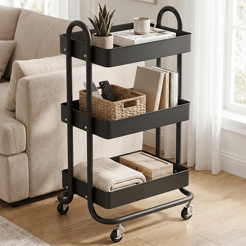 Fenbeli 3-Tier Metal Rolling Utility Cart with Wheels, black, 18"L x 13.4"W x 31"H
