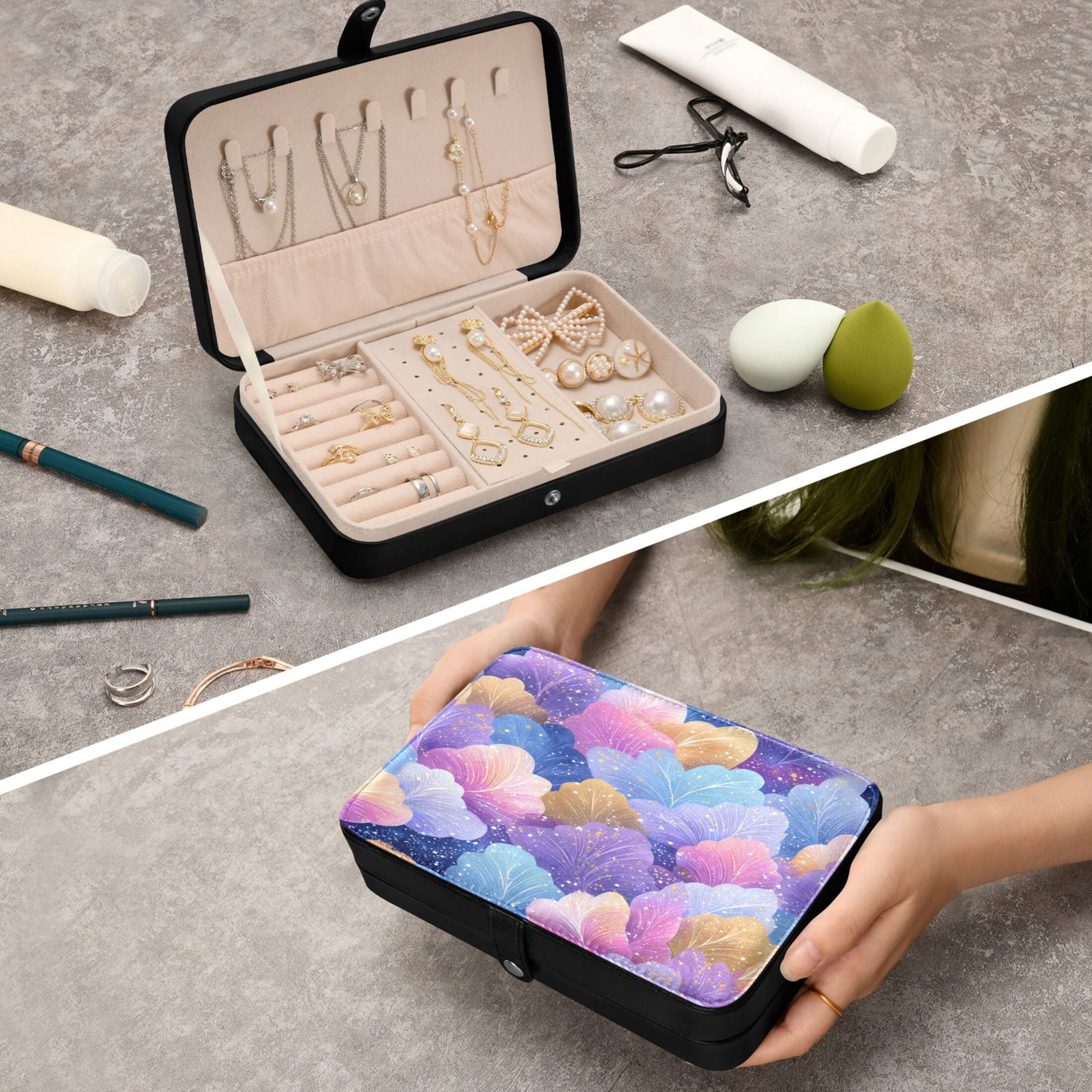 Leather Jewelry Box Rectangular 8.27x5.5x1.78In Travel Jewelry Storage Earrings Necklace Bracelet Watch Brooch Storage Colorful Leaves