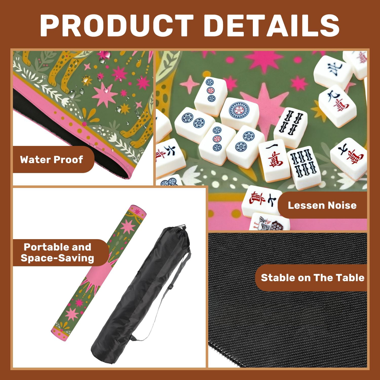Mahjong Mat 31.5" x 31.5" Stylized Leopard Pink Sun Floral Patterns Non-Slip Noise Reduction American Mahjong Tiles Table Cover for Dominoes Poker Card Board Games Gift