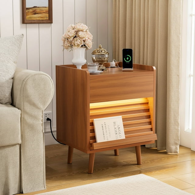 GUNAITO Nightstand with Charging Station Bedside Table with LED Light Wood Nightstand with Wave Texture Drawers End Table with USB Ports and Outlets for Small Space Caramel 1pc