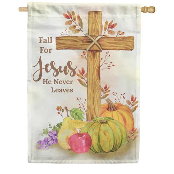 America Forever Fall For Jesus House Flag 28 x 40 inch He Never Leaves Fall Autumn Harvest Pumpkins Apples Thanksgiving Religious Bible Cross Yard Outdoor Double Sided Decoration