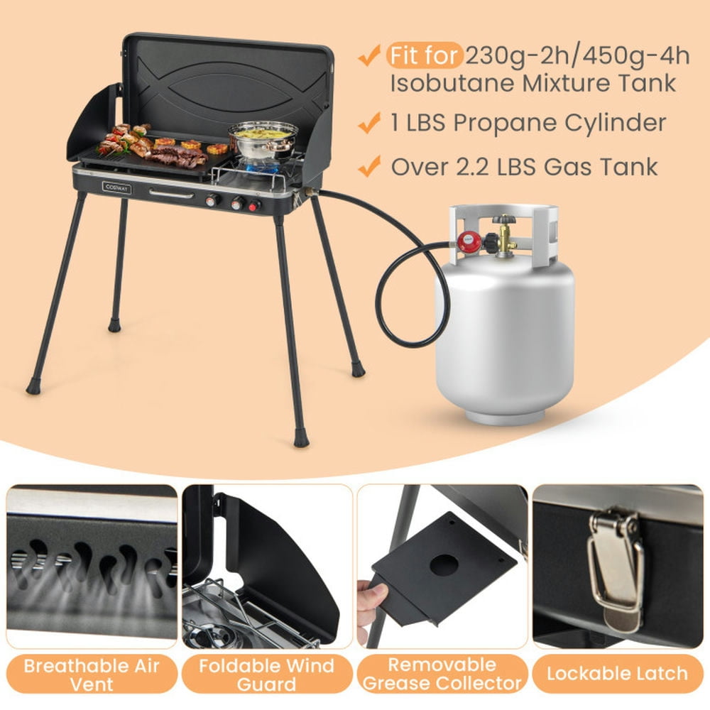 Spaco 2-in-1 Gas Camping Grill and Stove with Detachable Legs-Black, Camp Stove for Outdoor Cooking