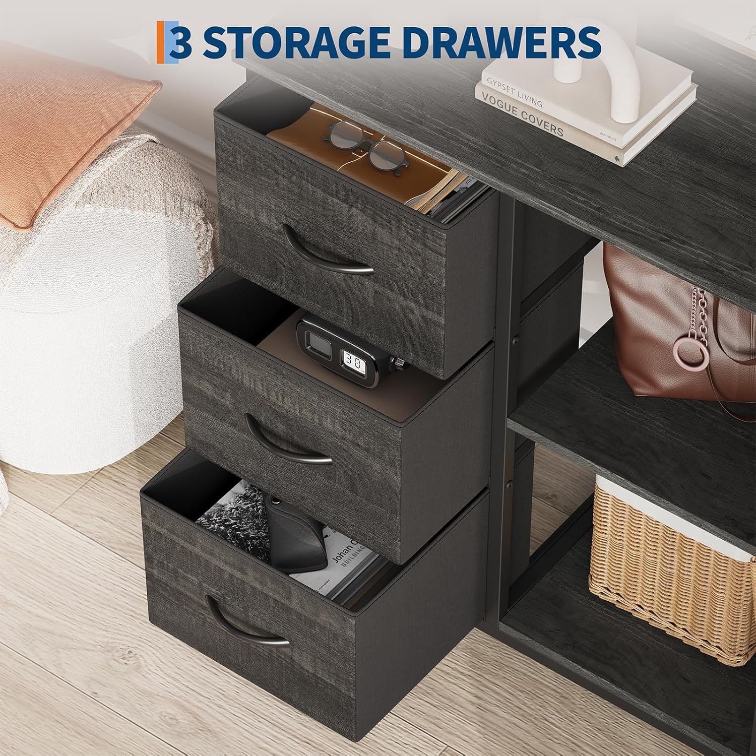 3 Drawer File Cabinet, Printer Stand with 2 Open Storage Shelves, Fabric Filing Cabinet Under Desk Office Organizer for Home Office, Modern Storage Solution, Black