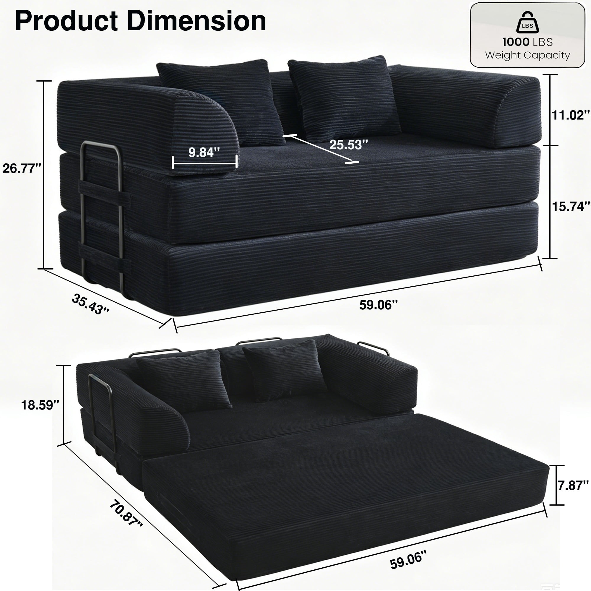 BSHTI 59" Corduroy Convertible Sleeper Sofa Bed with Cylindrical Pillow, No Assembly, Small Space for Living Room（Black）