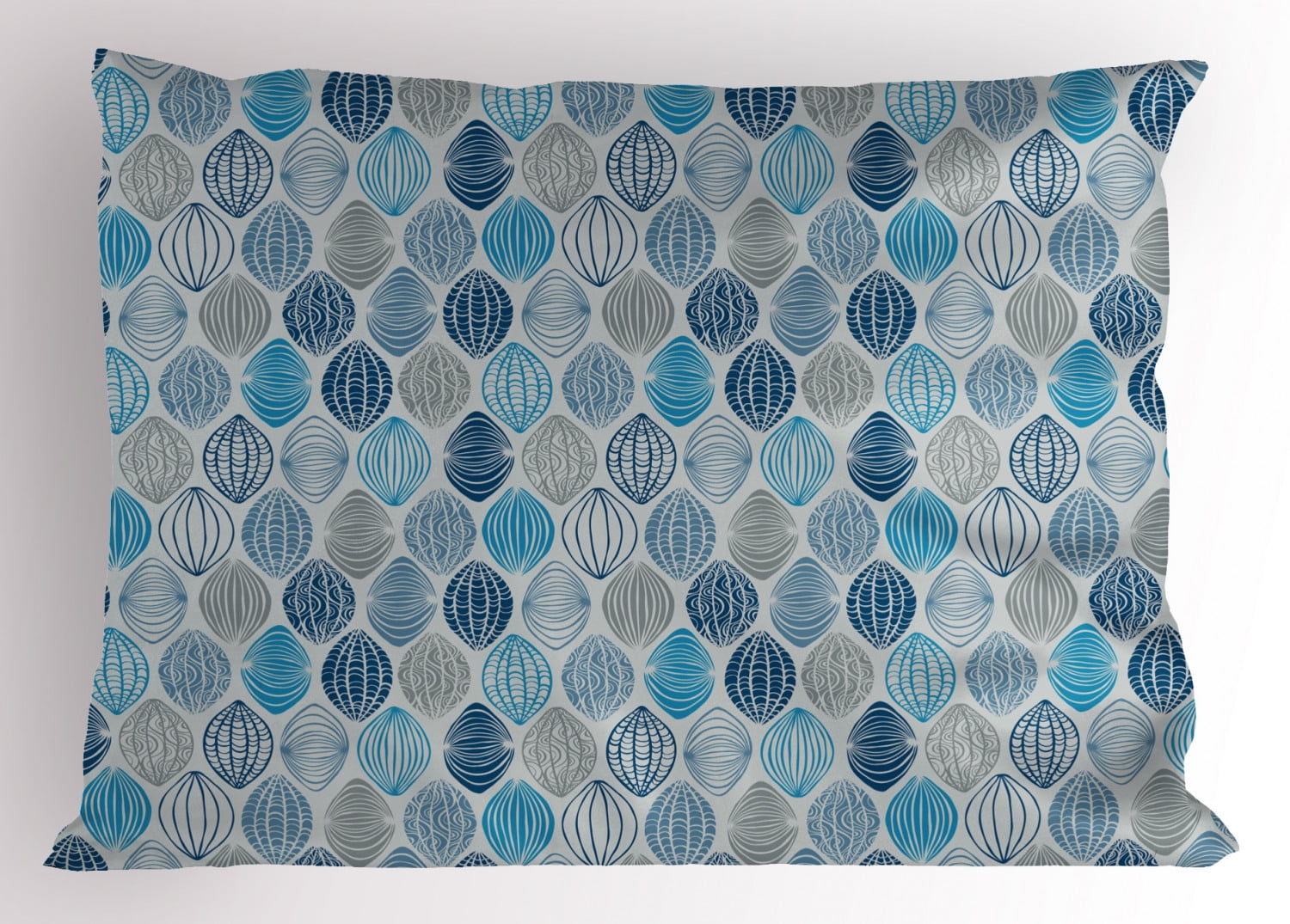 Grey Blue Pillow Sham Ethnic Round Shapes with Swirls Scale and Stripes