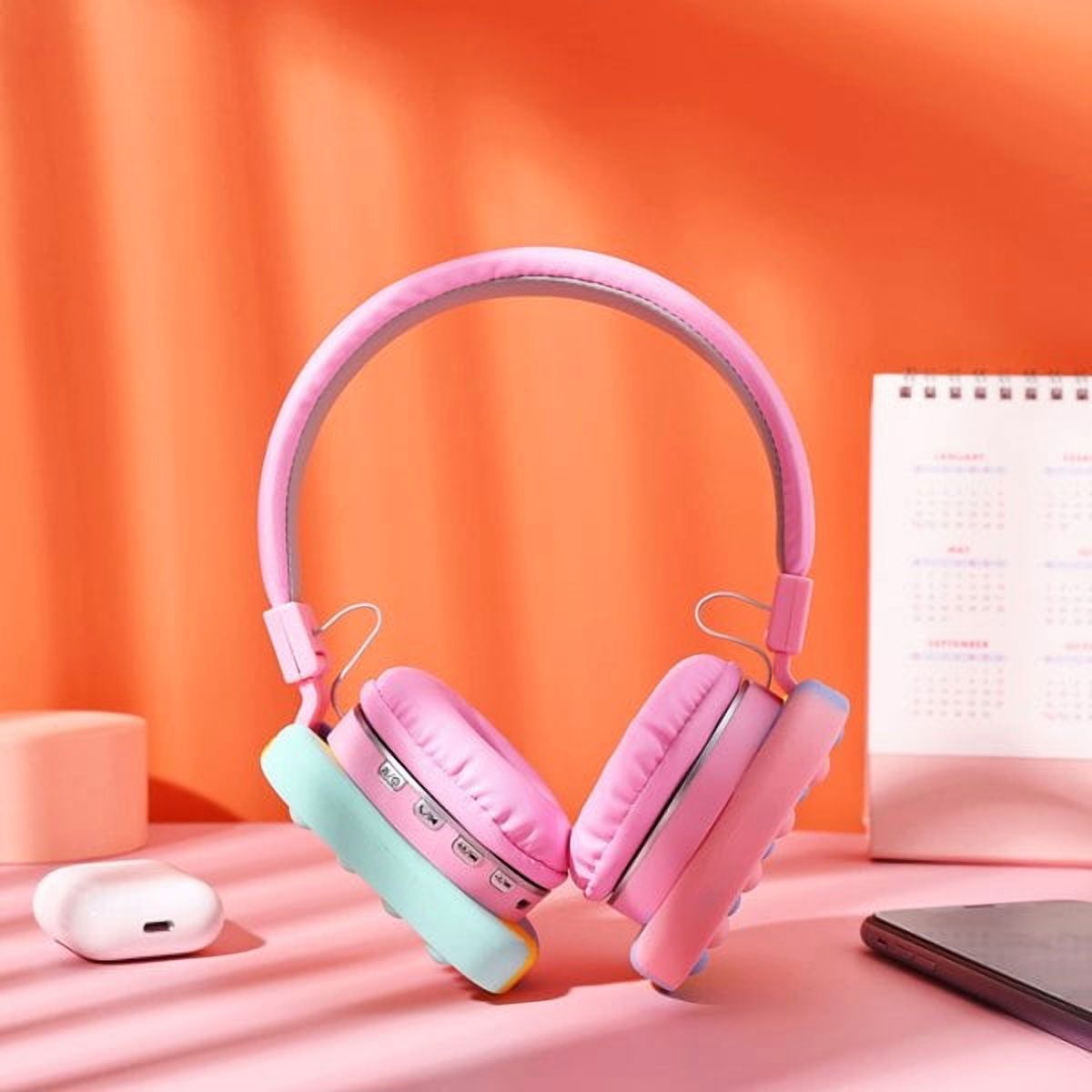 Cat Ear Headphones Kids Toy Headset, Wireless Bluetooth Headphone Pop Bubble On-Ear Headphone Fidget Toy Rainbow Color Fidget Headset for Children Adults (Pink)