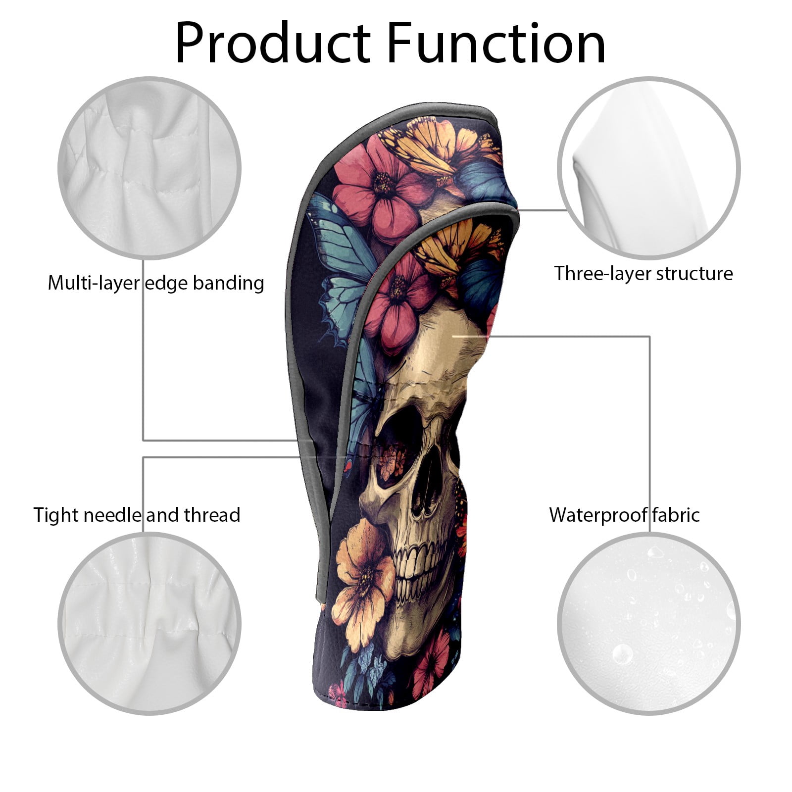 Golf Club Covers PU Leather Waterproof Head Covers for Fairway Woods Hybrids Skull With Butterflies and Flowers