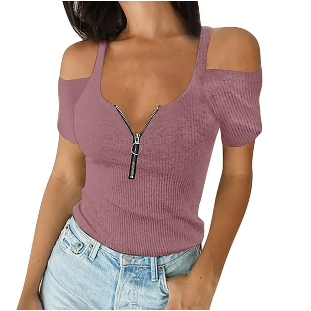 Pompotops Mode Femme Décontracté Ample Col en V Fermeture Éclair Sexy T-Shirt Blouse