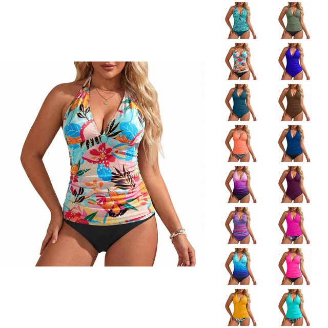 Womens Tankini Swimsuits Fashion Deep V Neck Slimming Tummy Control with High Waisted Bottom Two Piece Bathing Suits Woman