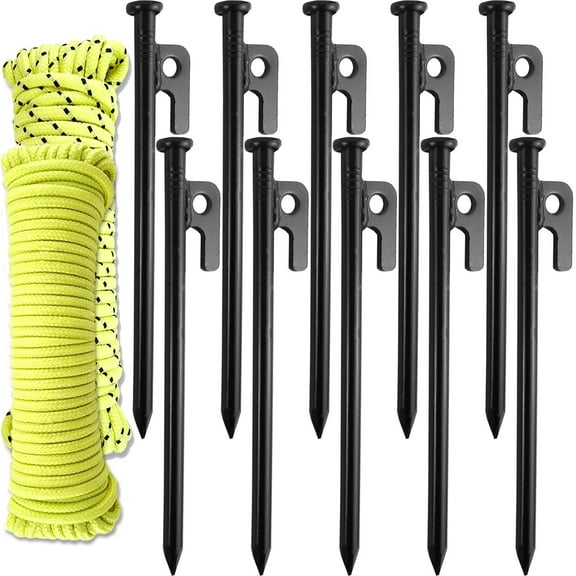 Wellmax 10PC Heavy Duty Tent Stakes with 2PC Glow in Dark Rope 3/16" x50ft and 1/4" x50ft Black