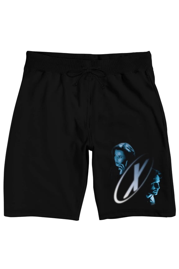 The X-Files X Logo With Agents Mulder & Scully Men's Black Sleep Pajama Shorts-Medium