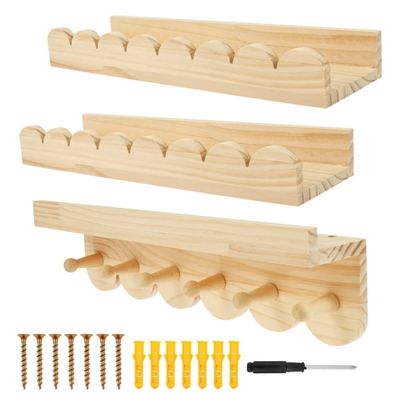 3Pcs Scalloped Wood Wall Storage Shelf Versatile Strong Load Bearing Wood Floating Wall Shelf for Nursery Living Room Toddler Room