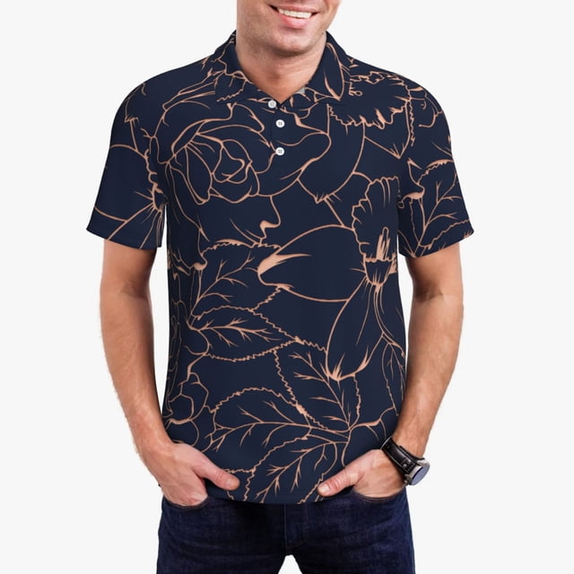 Fotbe Copper-Gold Gloss Outline Flower Camiseta Polo de Golf para Hombre con Estampado – Camisa Deportiva Transpirable con Cuello Abotonado-Small