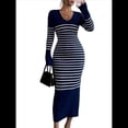 thumbnail image 1 of Vestido de Suéter A Rayas con Cuello en V para Mujer, Larga, Ajustado, Midi. Azul Marino L, 1 of 7