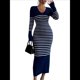 thumbnail image 1 of Vestido de Suéter A Rayas con Cuello en V para Mujer, Larga, Ajustado, Midi. Azul Marino S, 1 of 7