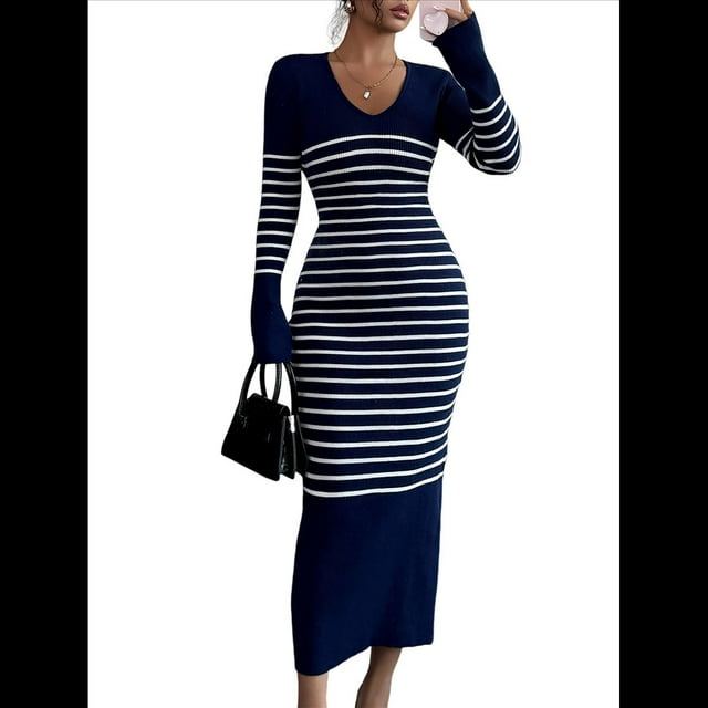 Vestido de Suéter A Rayas con Cuello en V para Mujer, Larga, Ajustado, Midi. Azul Marino L