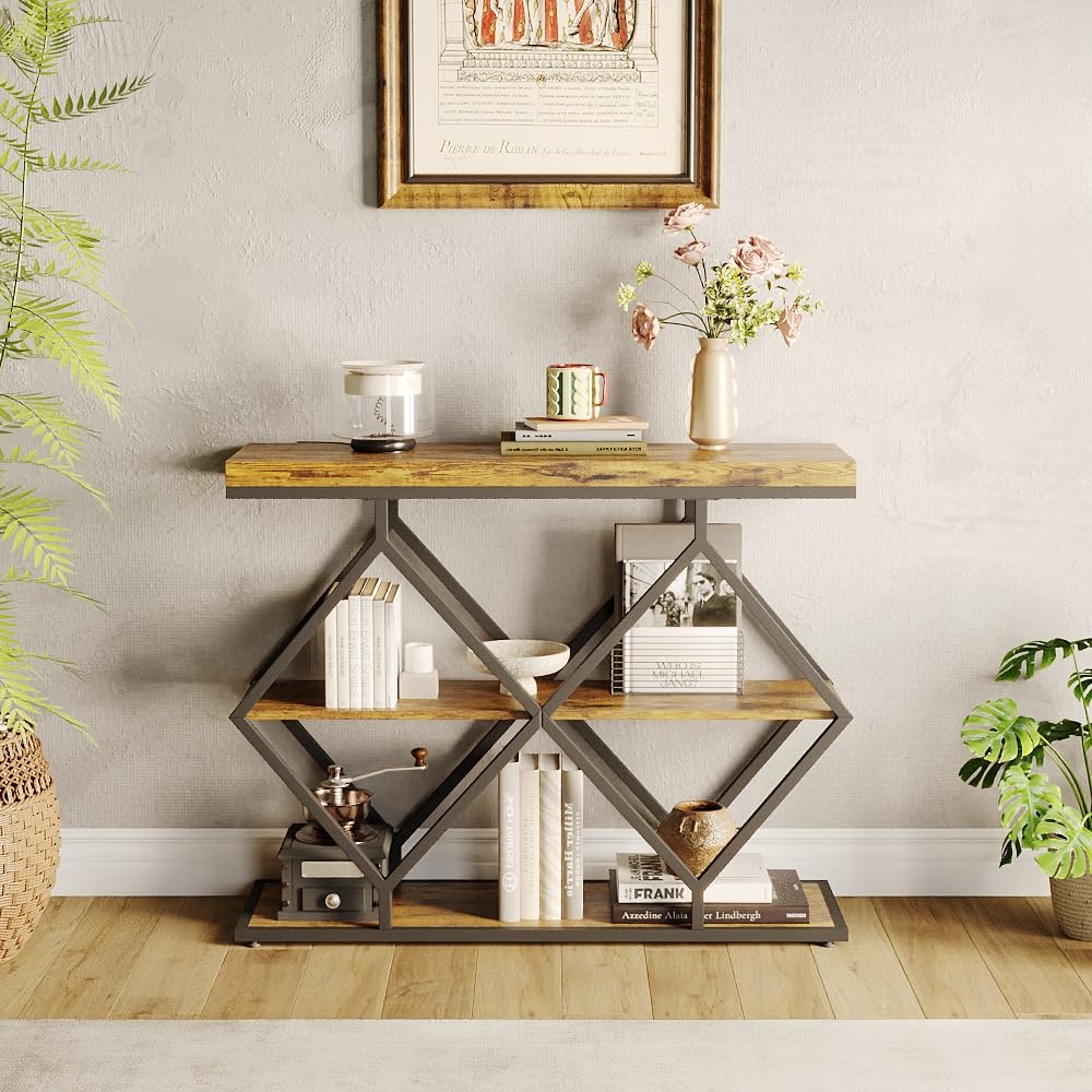 Litake 3-Tier Entryway Table, Industrial Console Sofa Table with Storage, Accent Table with Open Shelves, Diamond-Shaped Metal Frame, Foyer Table for Entryway, Hallway, Brown