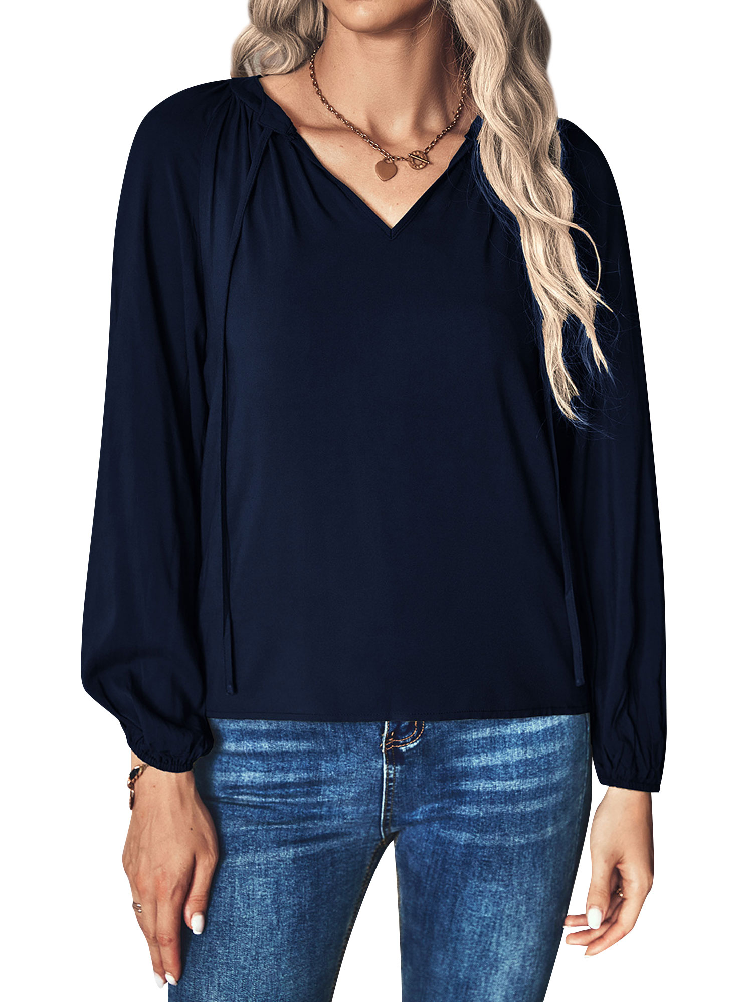ZXSXSY Women Lacing V Neck Long Sleeve Ruched Solid Color Blouse