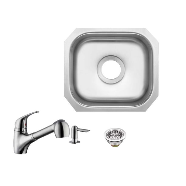 Magnus Sinks 14-1/2-in x 12-1/2-in 18 Gauge Stainless Steel Single Bowl Bar Sink and Low Profile Pull Out Kitchen Faucet