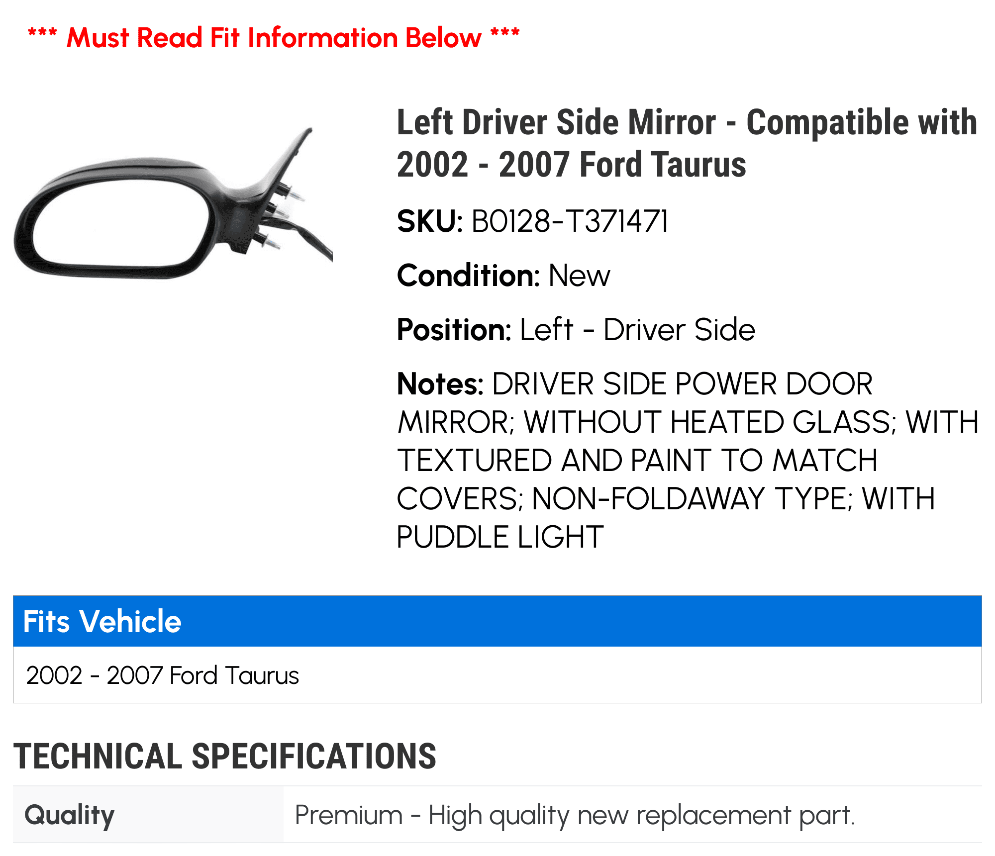 Left Driver Side Mirror - Compatible with 2002 - 2007 Ford Taurus 2003 2004 2005 2006