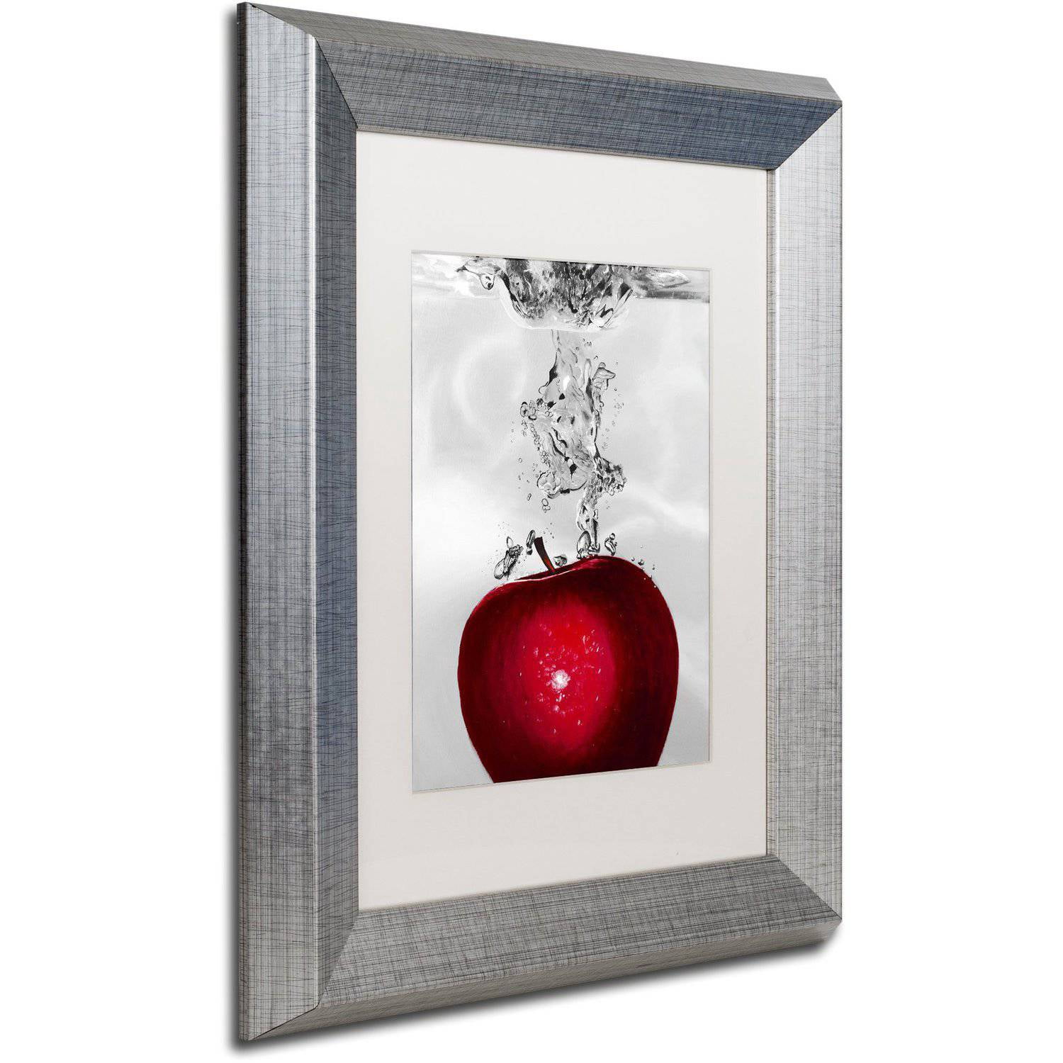 Trademark Fine Art "Red Apple Splash" Canvas Art by Roderick Stevens White Matte, Silver Frame