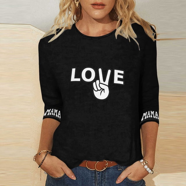 Hauts pour Femmes Manches Trois-Quarts Cœur Saint-Valentin Col Rond Imprimé Décontracté T-Shirt Ample Noir m