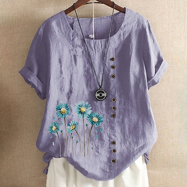 TopLLC Chemises Mexicaines pour Femmes Hauts Brodés Traditionnels Tunique Décontractée à Fleurs pour Femmes Col Rond Manches Courtes Chemises en Lin