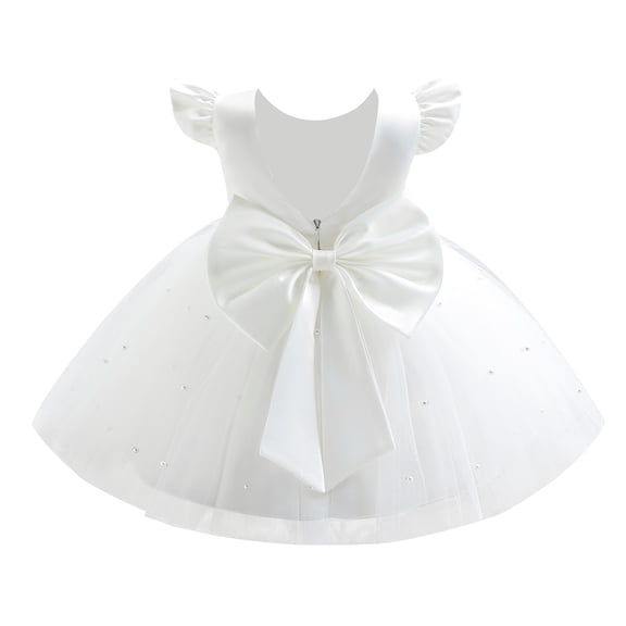 IDOPIP Infant Baby Girls Wedding Flower Girl Dress Satin Pearls Tulle Tutu Dress Bowknot V Back Pageant Party Princess Birthday Formal Dresses 12-18 Months White
