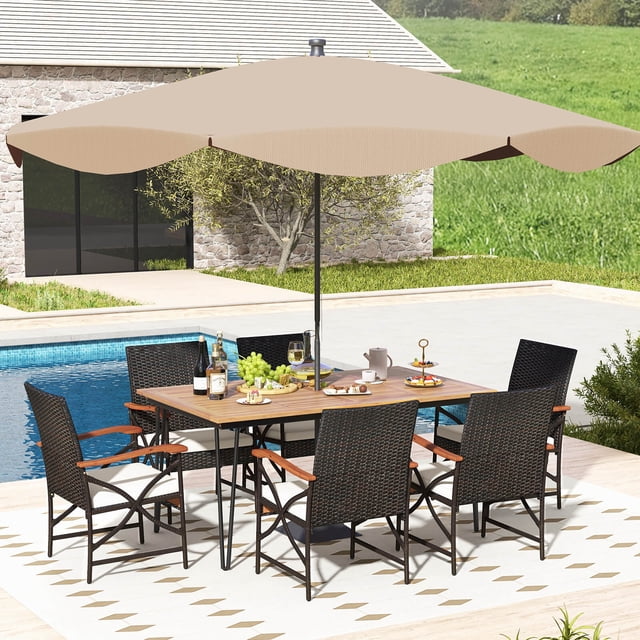 Costway 7 PCS Patio Dining Set with Acacia Wood Dining Table Rattan Armchairs Soft Cushions