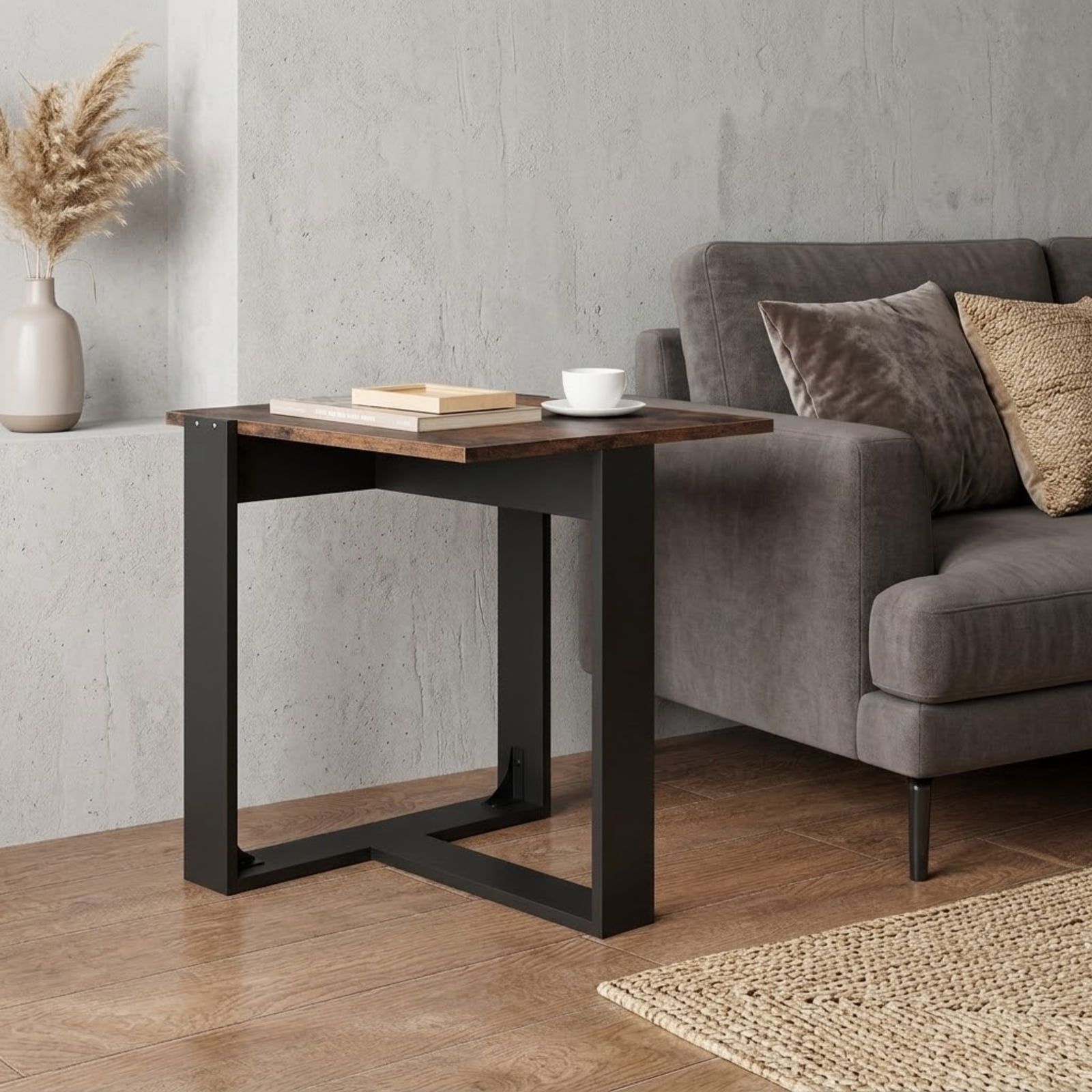 Furnibear Industrial Sofa End Table Set of 2 with Sturdy Metal Frame and T Shaped Base for Living Room Bedroom and Study, Rustic Brown