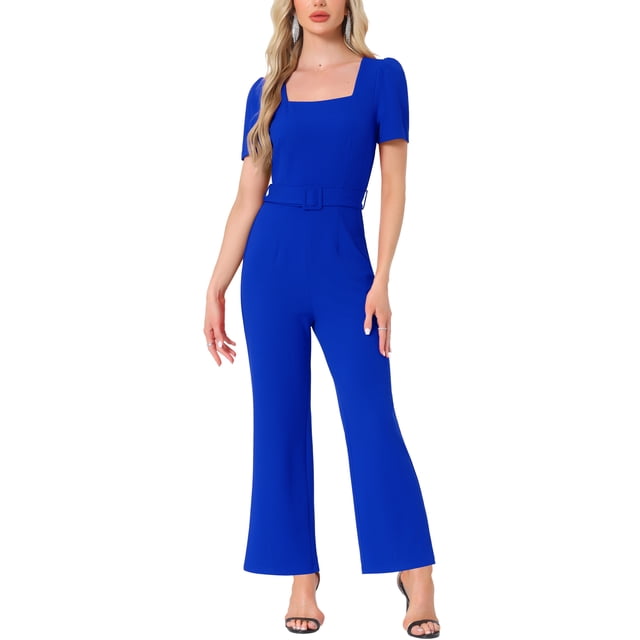 INSPIRAR CHIC Mono de Trabajo para Mujeres Elegante Cuello Cuadrado Manga Corta Abullonada Suelto Pierna Ancha Romper XL Azul Real