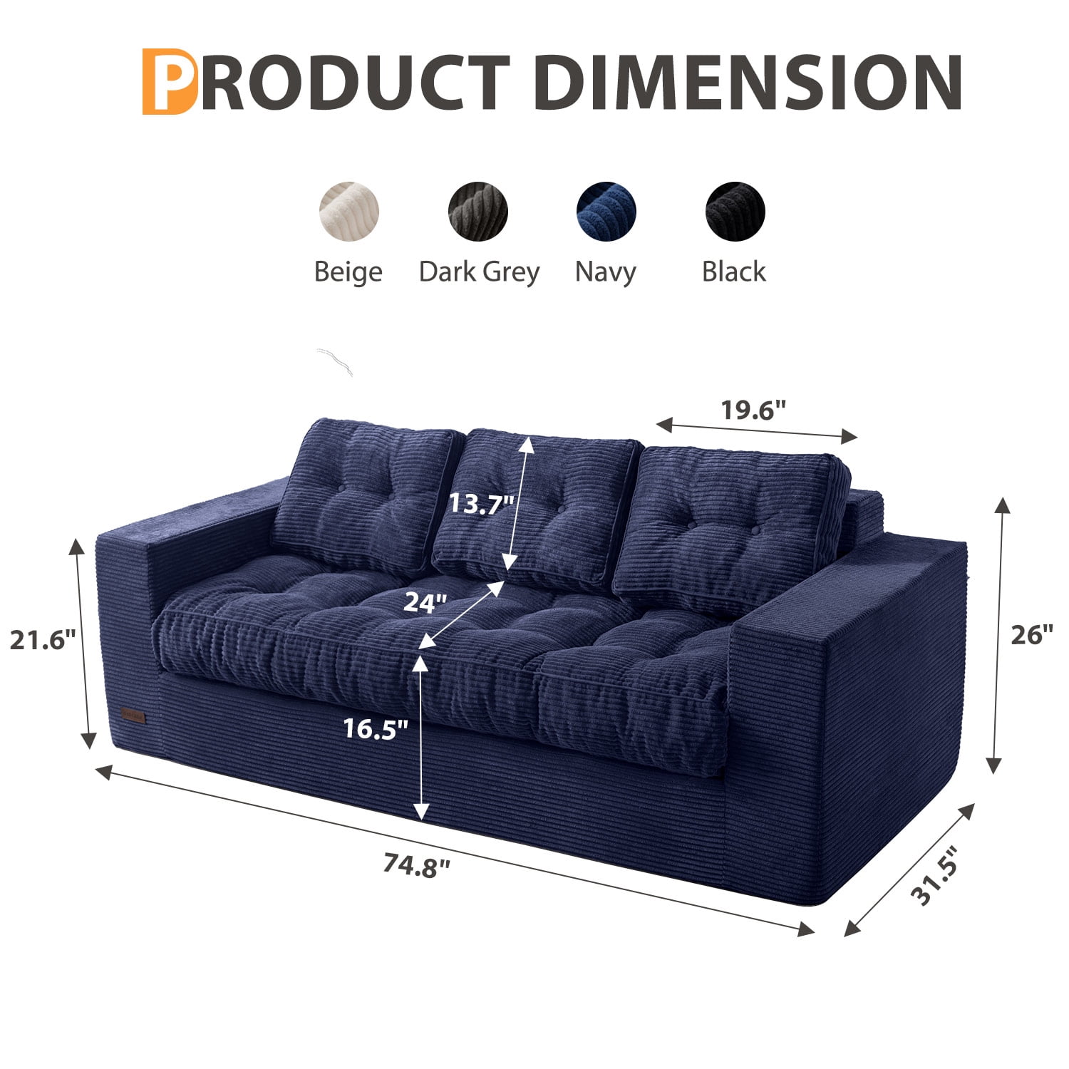 BYBYME 3 Seater Couch with Tufted Cushion & Backrest,Corduroy Floor Sofa with Armrests for Living Room Bedroom Office,Sofa in A Box,No Assembly Required,Navy