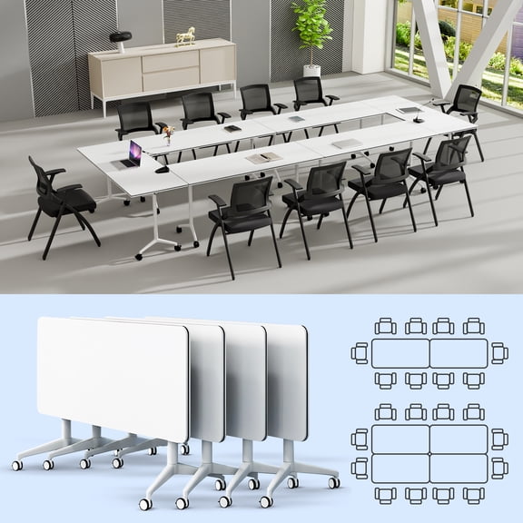 Folding Conference Table White Foldable Conference Room Tables for 6-12 Person, Modern Modular Office Training Desk with Wheels (47.2in 4)