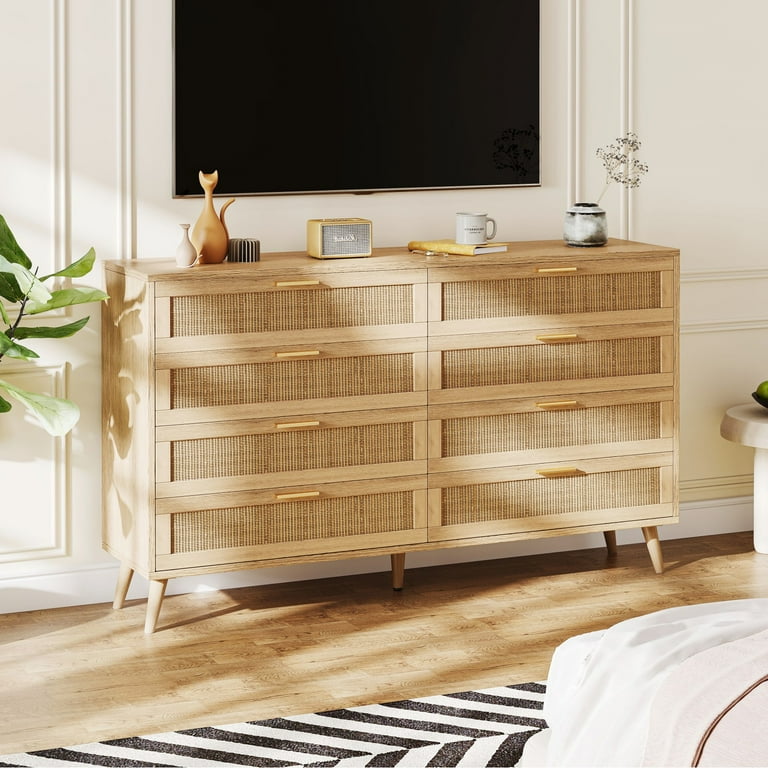 Rovaurx 8 Drawer Wood & Metal Double Dresser, Rattan Chest