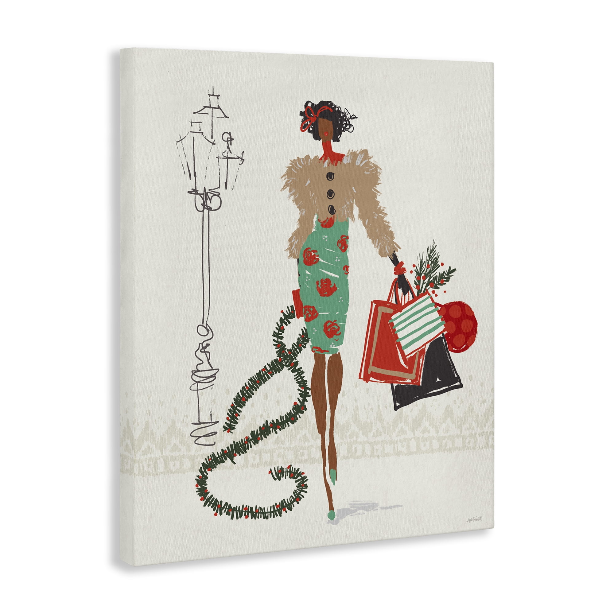 Stupell Industries Festive Shopping Girl Holiday Painting Gallery Wrapped Canvas Art Prints Wall Art, 36 x 48