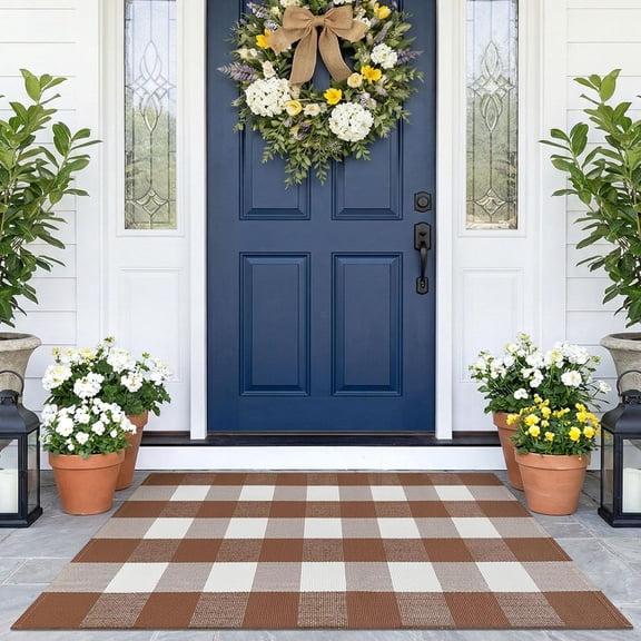 RLESO Buffalo Plaid Area Rugs 2.3X3.6 Ft Front Door Mat,Brown and White | Washable Front Door Rug,Woven Cotton Outdoor Rug,Indoor Small Rug for Front Porch Kitchen Entryway,Checkered Welcome Mat