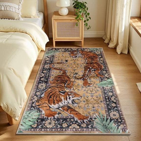 MJIAexp 3'x5' Tiger Area Rugs,Washable Rugs for Living Room, Soft Vintage Bedroom Rug, Botanical Non Slip Ultra Thin Floor Carpet for Dining Room Home Office
