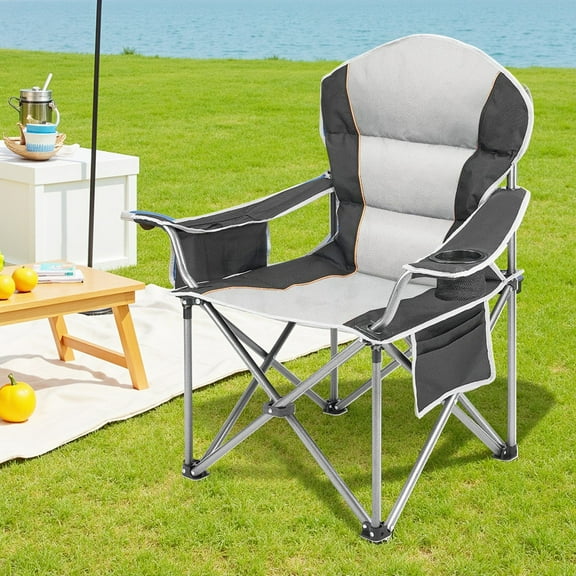 Sybels Oversized Camping Chair with Cooler Bag & Cup Holder, Heavy Duty Folding Outdoor Chair, Portable for Beach, Fishing, Backyard, Picnics, Black