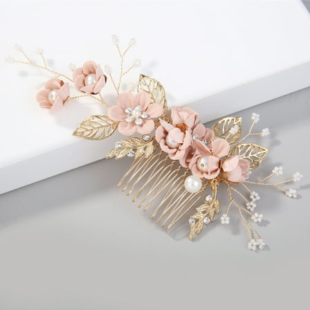Nvzi-a Bridal Flower Wedding Hair Pins Crystal Pearl Hair Combs Clips Headpiece Gold Wedding Hair Accessories Jewelry with Rhinestone for Brides Bridesmaids Women (Pink)