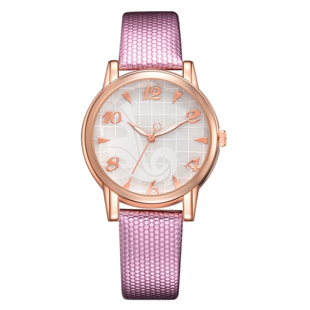 Reloj de cuarzo con banda de cuero de PU a la moda, reloj femenino informal con esfera redonda grande y números (rosa)